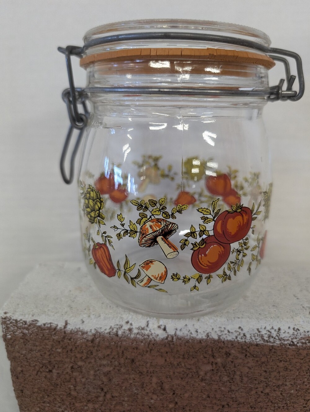 Vintage Storage Glass Jar with Orange Fruit & Mushroom Motif